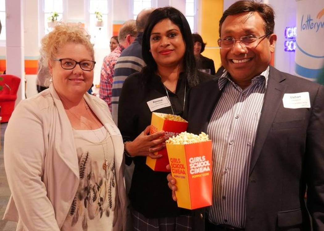 Tina Beck, Lotterywest Retailer Relationship Officer with Ranmal and Ushan Iddamalgoda from Good Fortune Lottery Centre